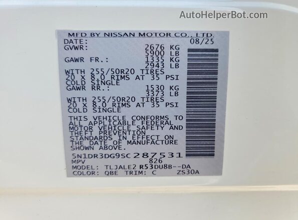 5N1DR3DG9SC287531 2025 NISSAN PATHFINDER White Vista de la etiqueta del VIN