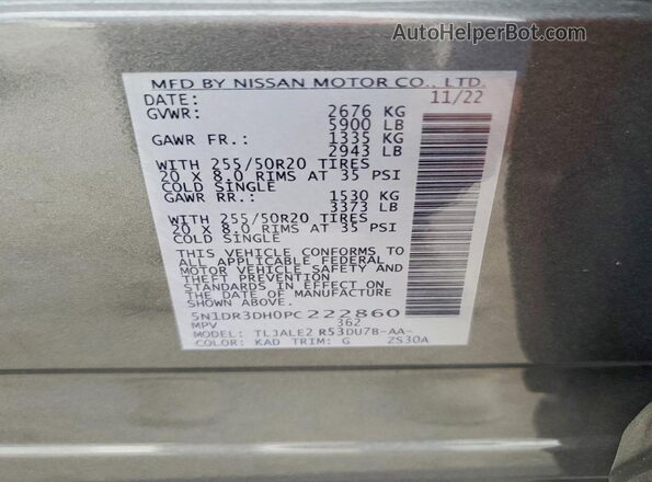 5N1DR3DH0PC222860 2023 NISSAN PATHFINDER Charcoal VIN კოდის სტიკერის ხედი