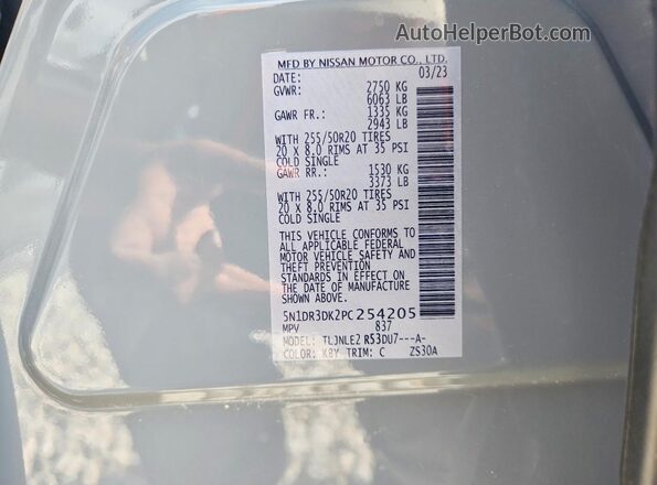 5N1DR3DK2PC254205 2023 NISSAN PATHFINDER Серый Вид наклейки с VIN-кодом