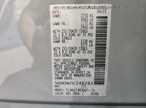 5N1DR3DK2SC248283 2025 NISSAN PATHFINDER Gray Widok naklejki z numerem VIN