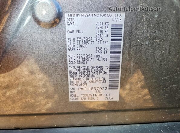 5N1ET2MT9JC837922 2018 NISSAN ROGUE Серый Вид наклейки с VIN-кодом