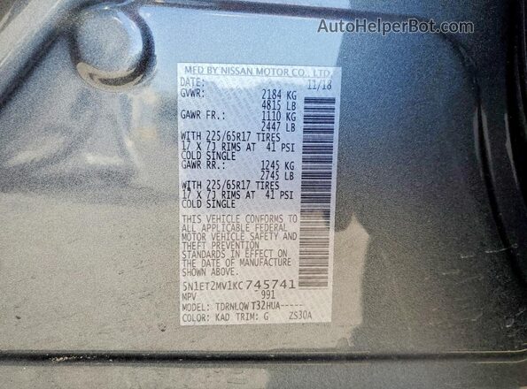 5N1ET2MV1KC745741 2019 NISSAN ROGUE Charcoal VIN sticker view