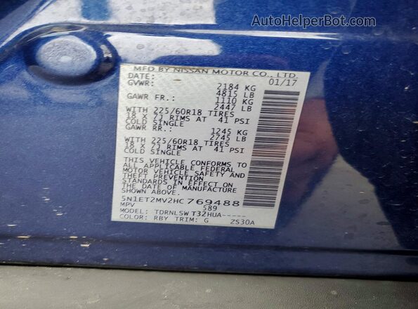 5N1ET2MV2HC769488 2017 NISSAN ROGUE Синий Вид наклейки с VIN-кодом