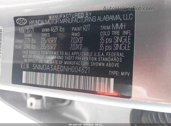 5NMJA3AE0NH004621 2022 HYUNDAI TUCSON Gray Vista del compartimento del motor