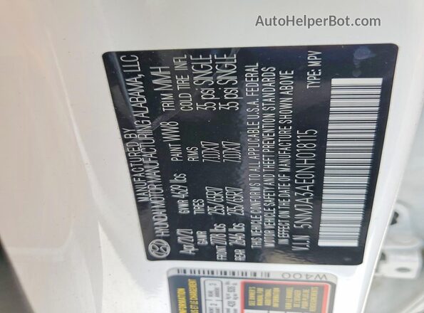 5NMJA3AE0NH018115 2022 HYUNDAI TUCSON Белый Панорамный вид салона 360°