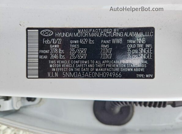 5NMJA3AE0NH094966 2022 HYUNDAI TUCSON White Vista de la etiqueta del VIN