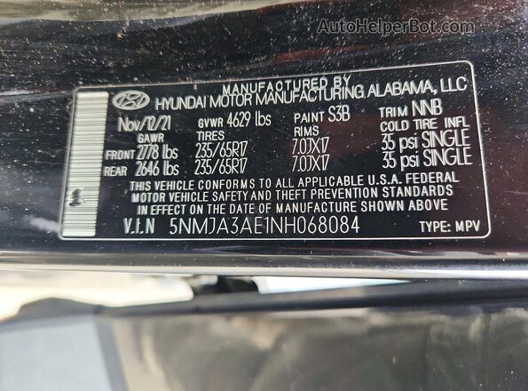 5NMJA3AE1NH068084 2022 HYUNDAI TUCSON Black VIN sticker view