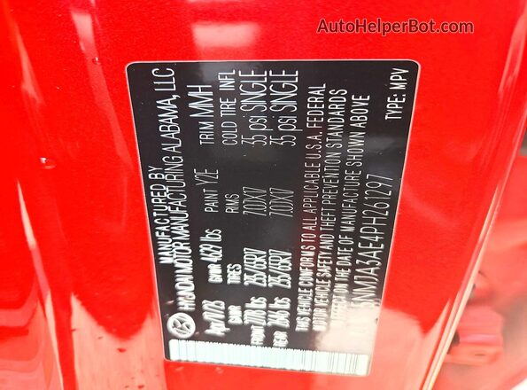 5NMJA3AE4PH261297 2023 HYUNDAI TUCSON Red VIN კოდის სტიკერის ხედი