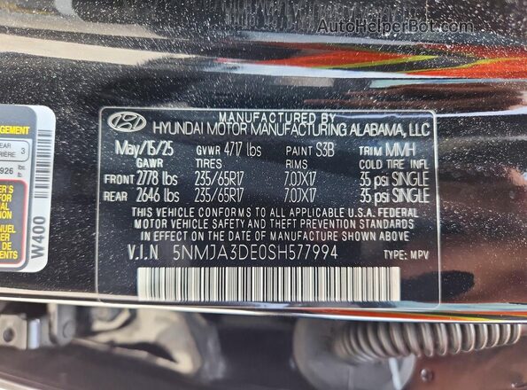 5NMJA3DE0SH577994 2025 HYUNDAI TUCSON Black Widok naklejki z numerem VIN