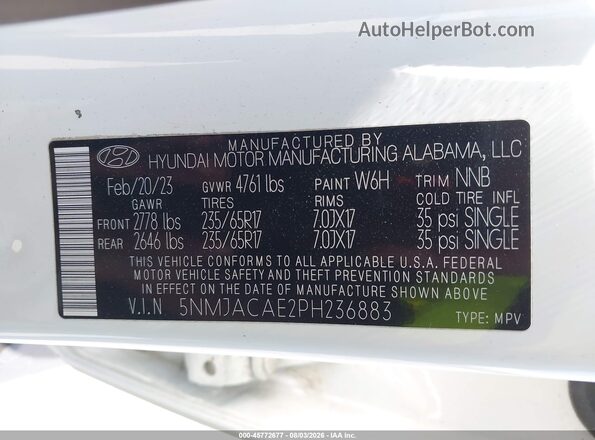 5NMJACAE2PH236883 2023 HYUNDAI TUCSON White Շարժիչի բաժամունքի տեսք