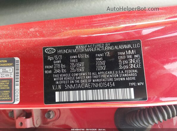 5NMJACAE7NH015454 2022 HYUNDAI TUCSON Red ძრავის განყოფილების ხედი