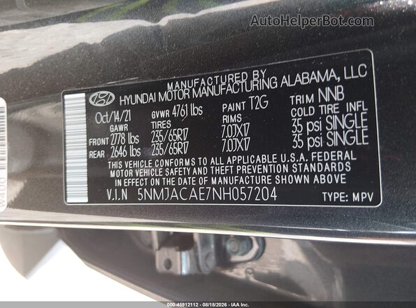 5NMJACAE7NH057204 2022 HYUNDAI TUCSON Gray Շարժիչի բաժամունքի տեսք