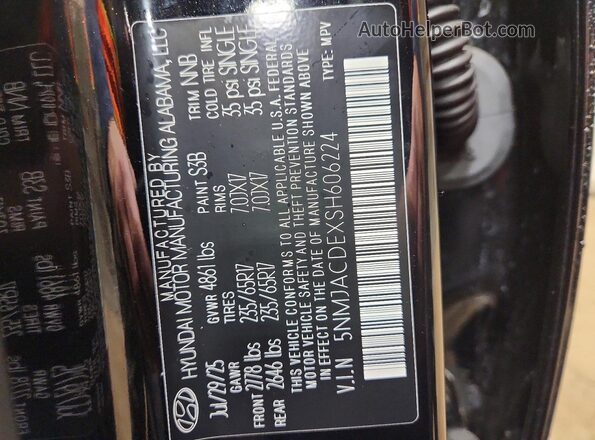 5NMJACDEXSH606224 2025 HYUNDAI TUCSON Black VIN կոդի պիտակի տեսք