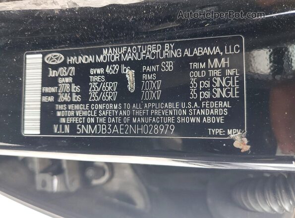 5NMJB3AE2NH028979 2022 HYUNDAI TUCSON Black Widok naklejki z numerem VIN
