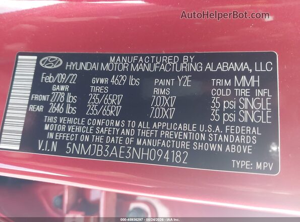 5NMJB3AE3NH094182 2022 HYUNDAI TUCSON Red Vista del compartimento del motor