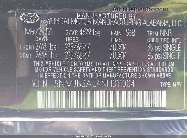 5NMJB3AE4NH011004 2022 HYUNDAI TUCSON Black Widok komory silnika