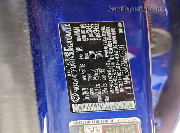 5NMJB3AE5NH085547 2022 HYUNDAI TUCSON Blue VIN կոդի պիտակի տեսք