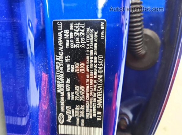 5NMJB3AE6NH043470 2022 HYUNDAI TUCSON Синий Панорамный вид салона 360°
