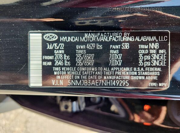 5NMJB3AE7NH149295 2022 HYUNDAI TUCSON Black Widok wnętrza 360 stopni