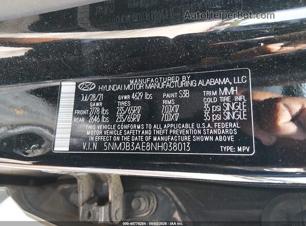 5NMJB3AE8NH038013 2022 HYUNDAI TUCSON Black Widok komory silnika