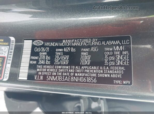 5NMJB3AE8NH061856 2022 HYUNDAI TUCSON Gray Շարժիչի բաժամունքի տեսք