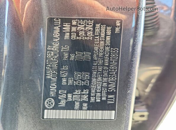 5NMJB3AE8NH128133 2022 HYUNDAI TUCSON Charcoal VIN sticker view