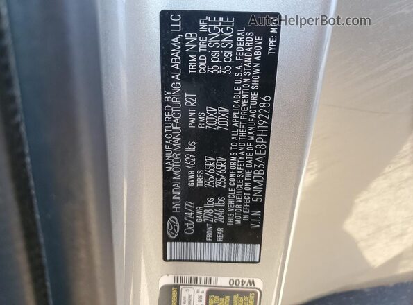 5NMJB3AE8PH192286 2023 HYUNDAI TUCSON Silver VIN sticker view