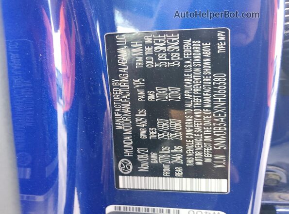 5NMJB3AEXNH066380 2022 HYUNDAI TUCSON Blue Vista de la etiqueta del VIN