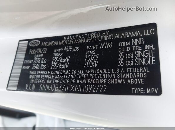 5NMJB3AEXNH092722 2022 HYUNDAI TUCSON White Widok komory silnika