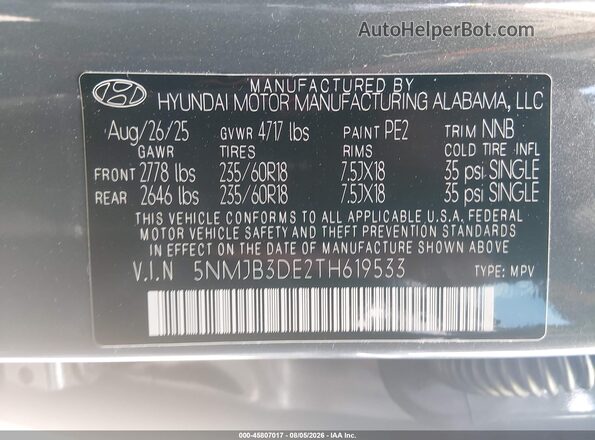 5NMJB3DE2TH619533 2026 HYUNDAI TUCSON Gray Widok komory silnika