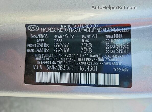 5NMJB3DE2TH654301 2026 HYUNDAI TUCSON Серебряный Панорамный вид салона 360°