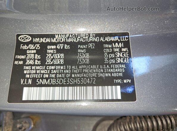 5NMJB3DE3SH530472 2025 HYUNDAI TUCSON Gray VIN კოდის სტიკერის ხედი