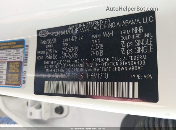 5NMJB3DE3TH691910 2026 HYUNDAI TUCSON White Вид підкапотного простору