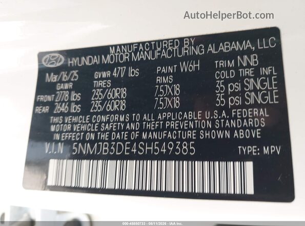 5NMJB3DE4SH549385 2025 HYUNDAI TUCSON Белый Вид подкапотного пространства