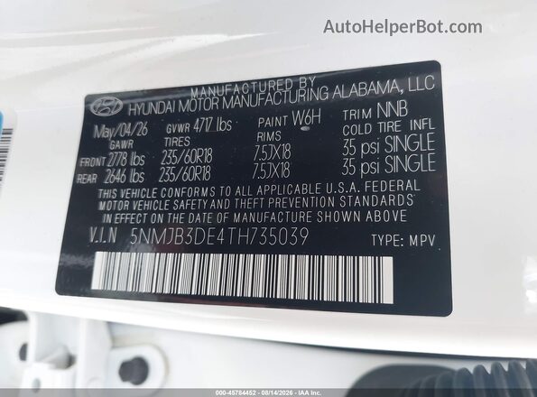 5NMJB3DE4TH735039 2026 HYUNDAI TUCSON White Շարժիչի բաժամունքի տեսք