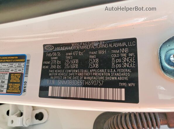 5NMJB3DE5TH690757 2026 HYUNDAI TUCSON White Vista de la etiqueta del VIN