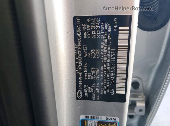 5NMJB3DE5TH752111 2026 HYUNDAI TUCSON Silver Vista de la etiqueta del VIN