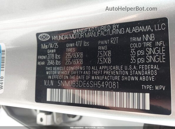 5NMJB3DE6SH549081 2025 HYUNDAI TUCSON Silver Widok komory silnika