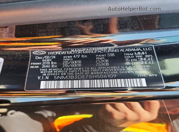 5NMJB3DE7SH506109 2025 HYUNDAI TUCSON Black VIN sticker view