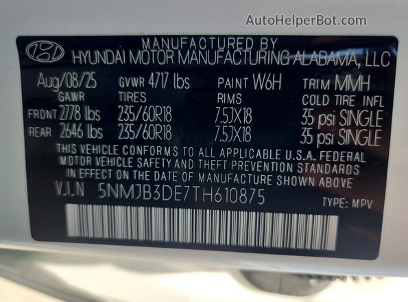 5NMJB3DE7TH610875 2026 HYUNDAI TUCSON Белый Вид наклейки с VIN-кодом