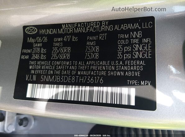 5NMJB3DE8TH736176 2026 HYUNDAI TUCSON Silver Շարժիչի բաժամունքի տեսք