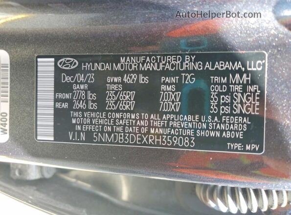 5NMJB3DEXRH359083 2024 HYUNDAI TUCSON Gray Вид наклейки з VIN-кодом