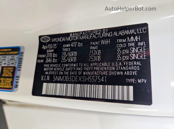 5NMJB3DEXSH557541 2025 HYUNDAI TUCSON White VIN կոդի պիտակի տեսք