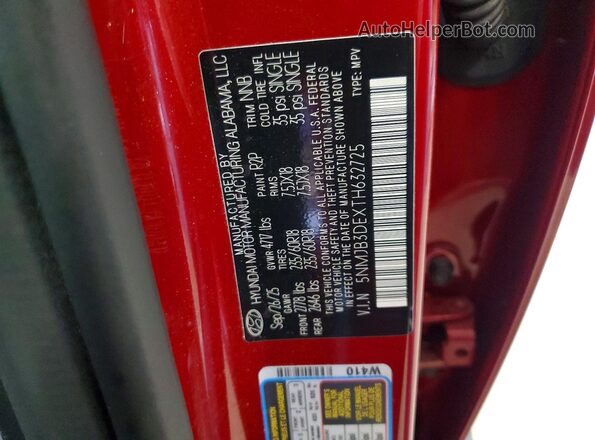 5NMJB3DEXTH632725 2026 HYUNDAI TUCSON Red VIN კოდის სტიკერის ხედი