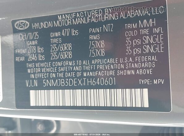 5NMJB3DEXTH640601 2026 HYUNDAI TUCSON Gray Widok komory silnika