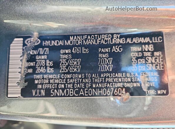 5NMJBCAE0NH067604 2022 HYUNDAI TUCSON Gray Вид наклейки з VIN-кодом