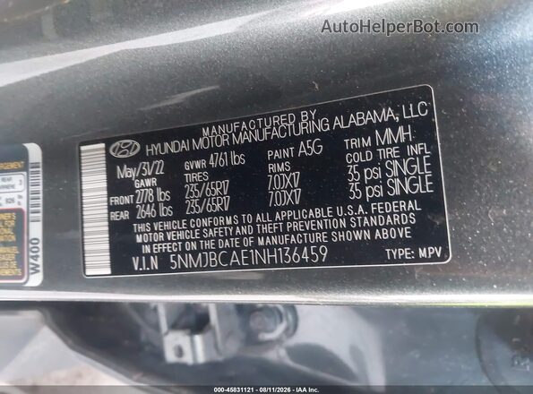 5NMJBCAE1NH136459 2022 HYUNDAI TUCSON Gray Շարժիչի բաժամունքի տեսք
