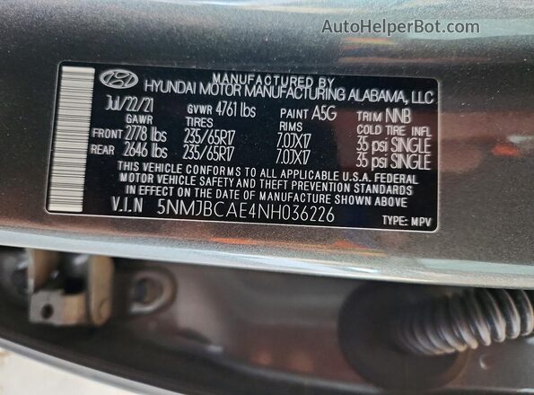 5NMJBCAE4NH036226 2022 HYUNDAI TUCSON Gray Vista interior de 360 grados