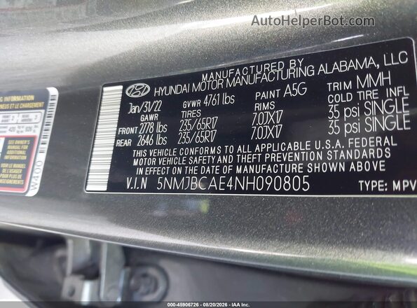 5NMJBCAE4NH090805 2022 HYUNDAI TUCSON Gray Engine compartment view