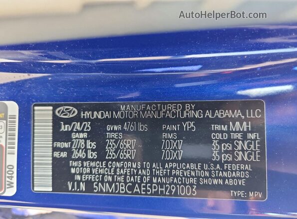 5NMJBCAE5PH291003 2023 HYUNDAI TUCSON Синий Вид наклейки с VIN-кодом
